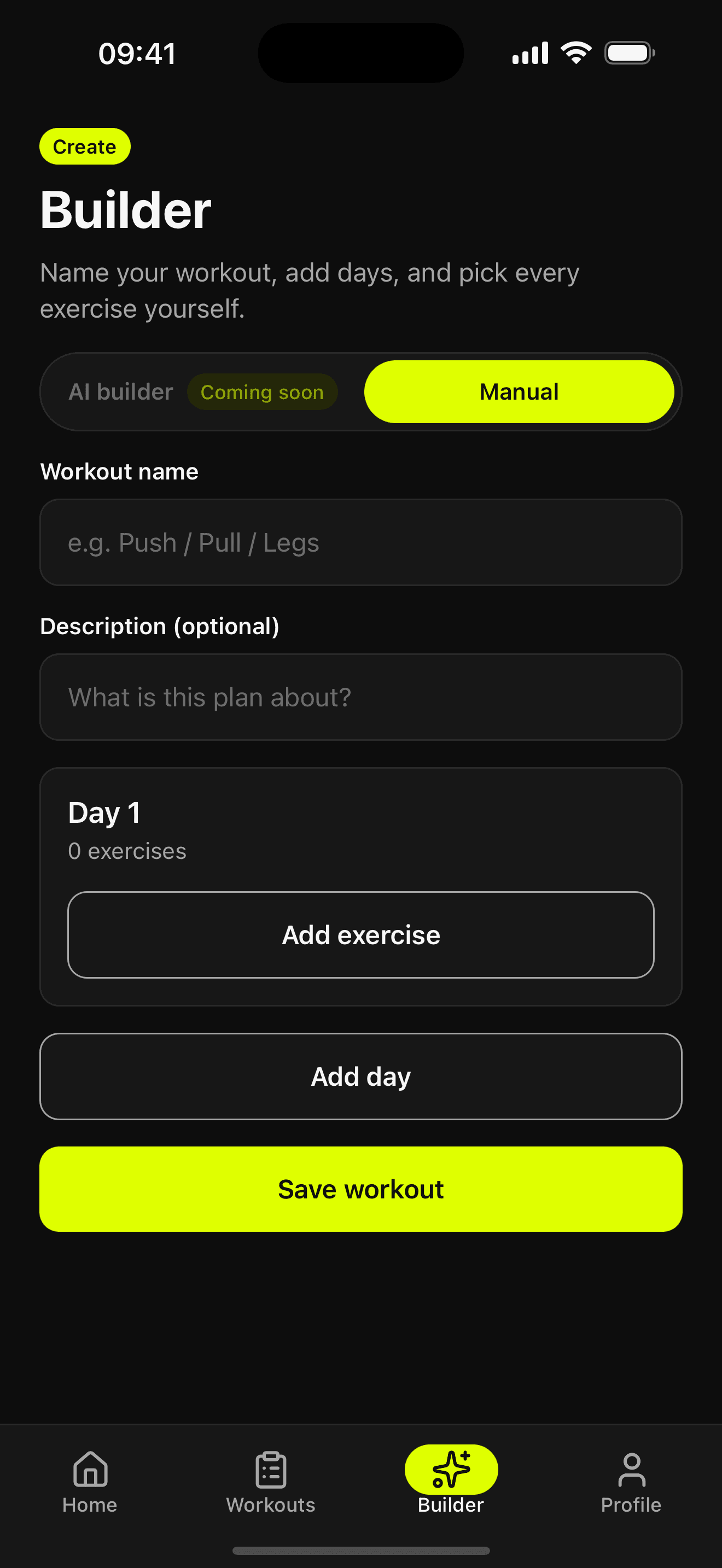 Ruvia workout builder screen