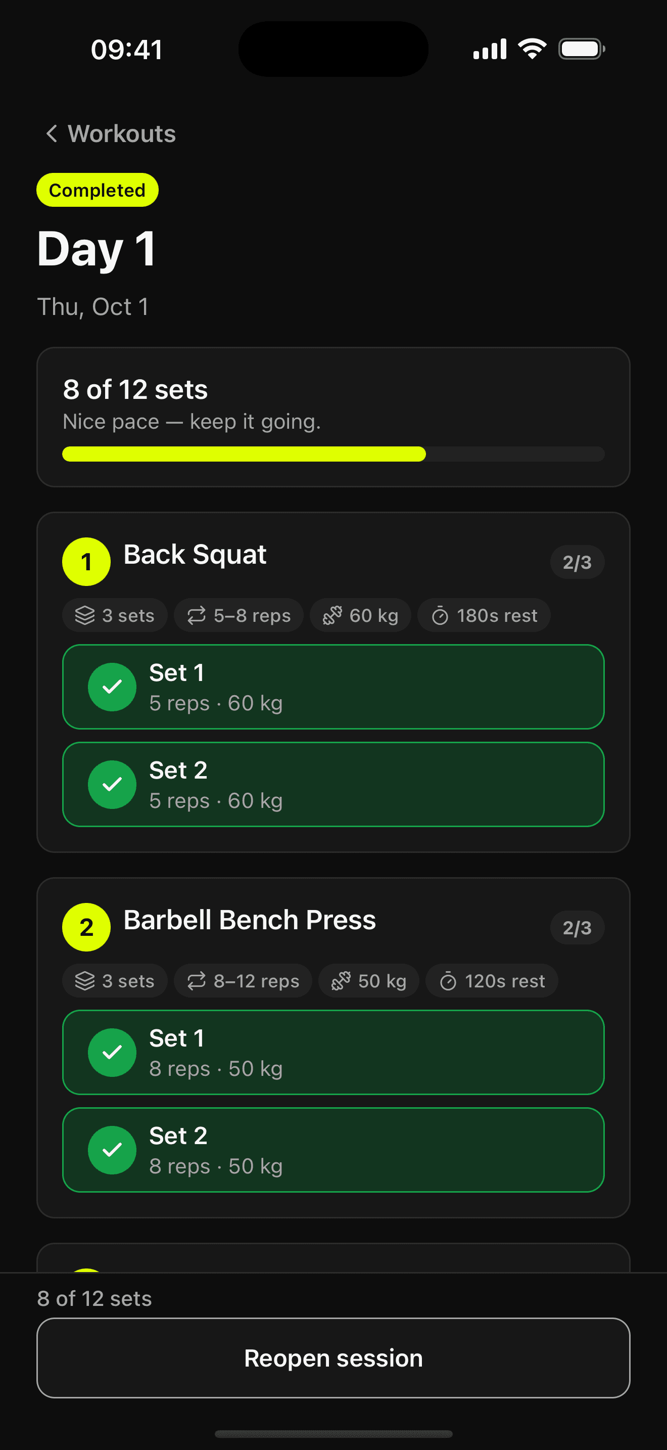 Ruvia live session screen with completed sets